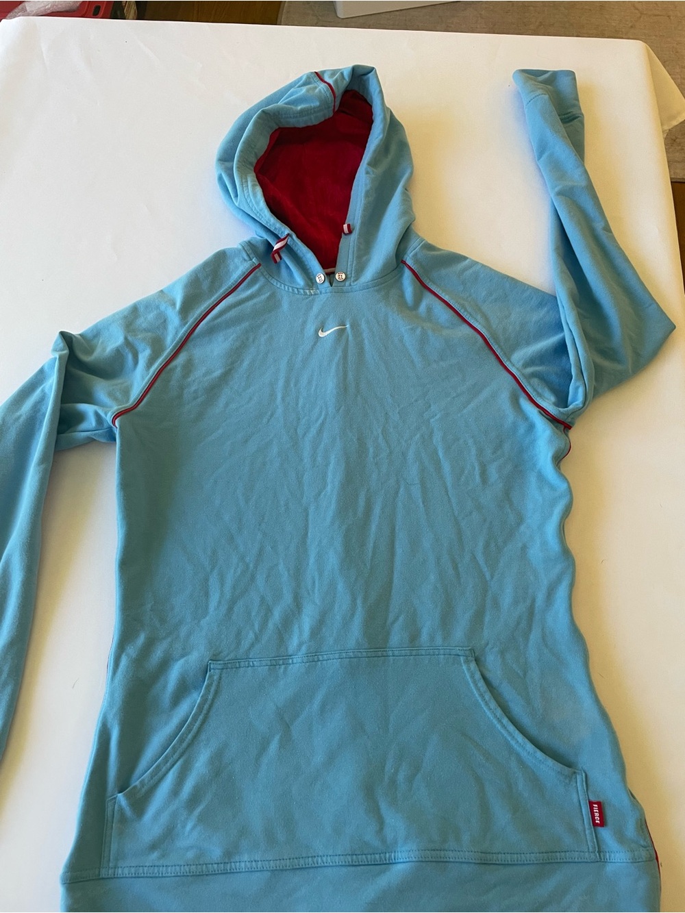 🔥 Nike Therma-FIT Light Blue Pullover Hoodie Red Accent Women’s L